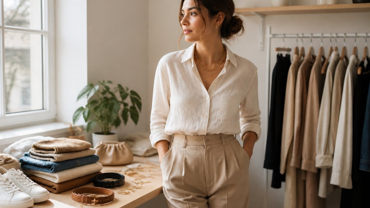 Young professional woman wearing a neutral-toned capsule outfit with tailored trousers, a cream linen shirt, and a statement gold necklace as the accent piece, styled in a bright studio with natural window lighting