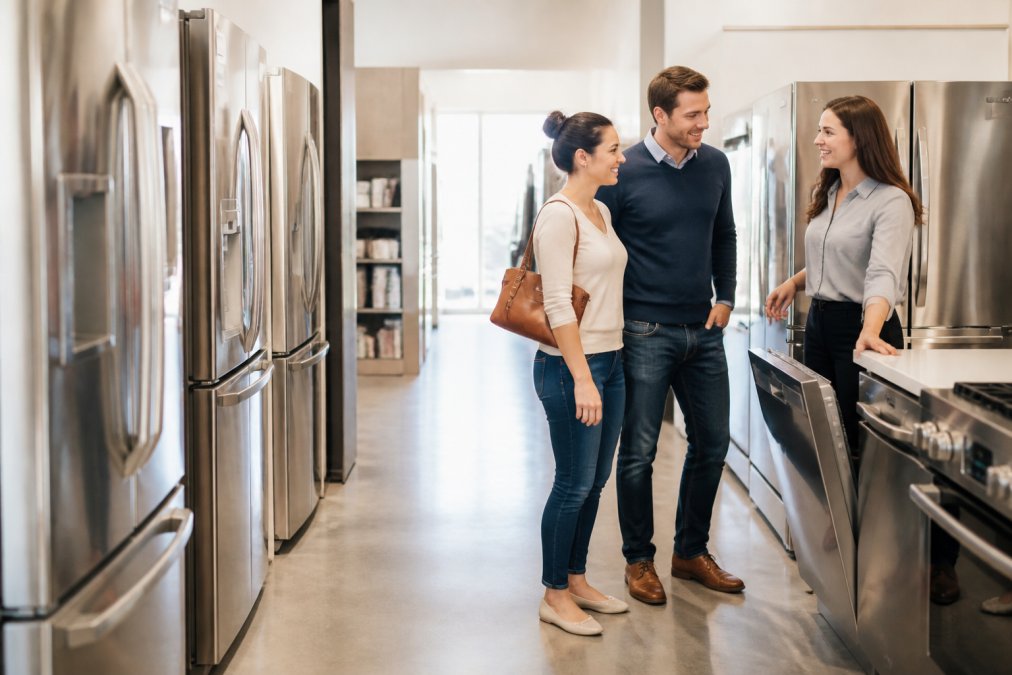 A bright, welcoming appliance showroom with a row of stainless steel refrigerators and ranges, a couple talking with a salesperson near a dishwasher display