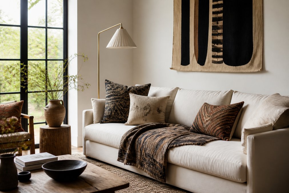 A minimalist living room featuring handcrafted textiles, vintage-inspired pillows, and artisan wall art on a contemporary sofa against neutral walls, with natural light streaming through large windows