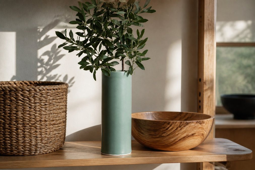 Close-up of artisan home goods displayed on a shelf: handmade ceramic vase in cream with subtle glaze variations, a woven natural fiber basket, and a wooden bowl with visible grain patterns, arranged with warm afternoon sunlight casting soft shadows
