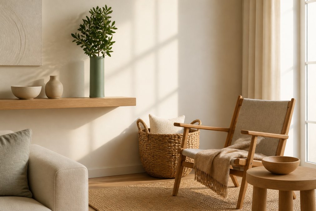 A warm, minimalist living room interior with cream and natural wood tones, featuring a handmade ceramic vase on a floating shelf, a woven basket beside a reading chair, and a small wooden bowl on a side table, with soft natural light from large windows creating warm shadows across the space