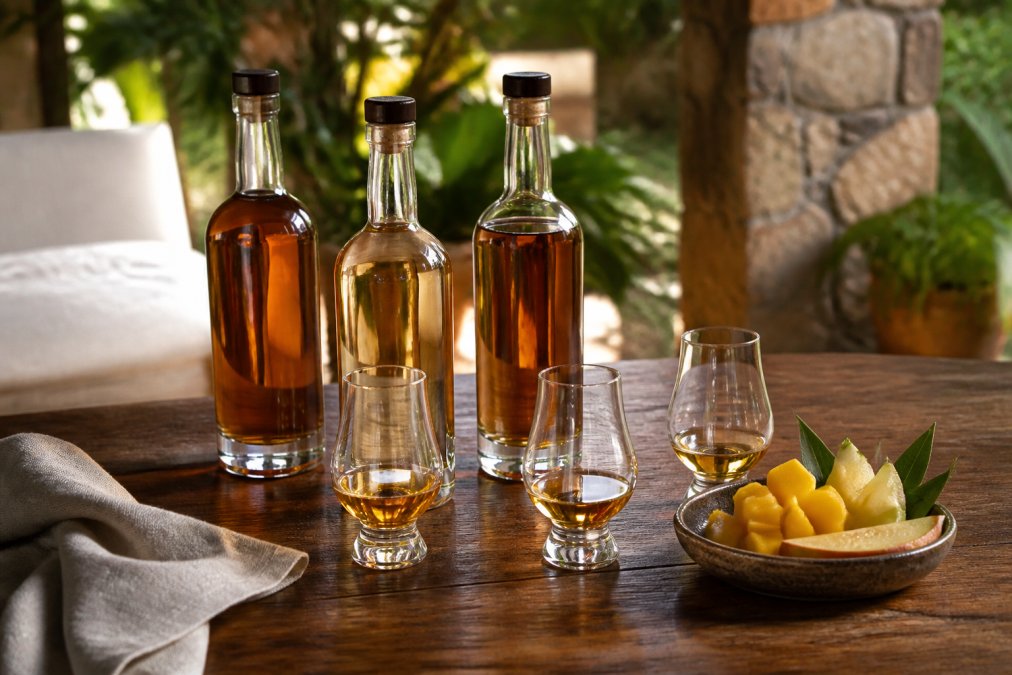 Infographic comparing tasting profiles and aging processes of premium artisanal Caribbean rum varieties