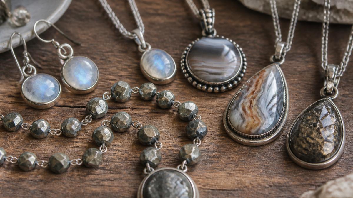 Close-up of handcrafted gemstone necklaces and earrings displayed on a wooden surface with natural lighting, showing intricate details of moonstone, agate, and pyrite stones catching light