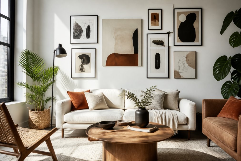 A bright, modern living room with a gallery wall featuring abstract prints, organic shapes, and a mix of framed and unframed canvas art, styled with contemporary furniture and natural light streaming through large windows