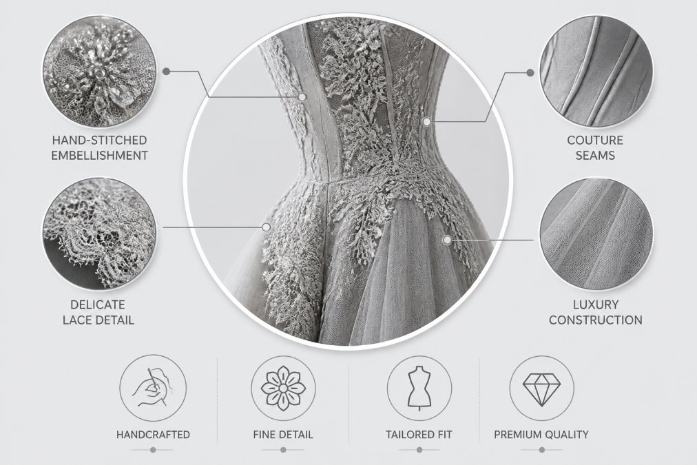 Nærbillede af indviklet håndsyet udsmykning og delikate blondedetaljer på en formel kjole, der viser couture-sømme og tekstur af luksuskonstruktion