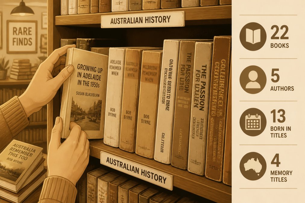 Close-up of a person's hands browsing through a shelf of worn, second-hand books in a cosy independent bookshop, warm ambient lighting, visible spines showing Australian history titles in faded print