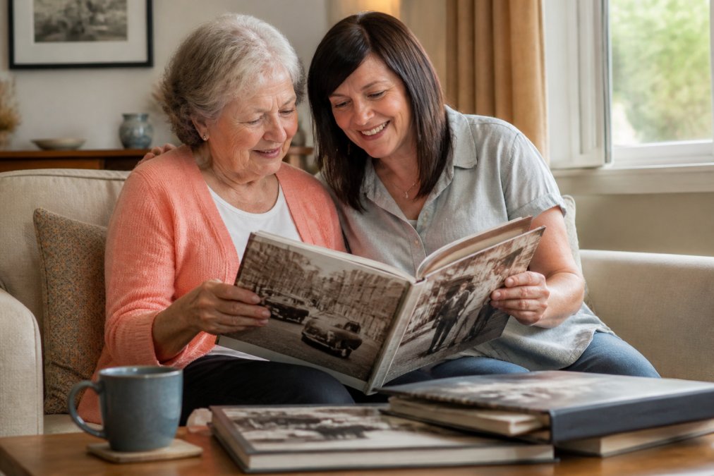 An older woman and her adult daughter sitting closely together on a sofa, both smiling warmly while looking through a large photo book filled with vintage Australian images from the 1950s, warm natural light from a window to the side