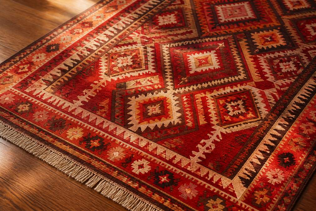 Close-up of a richly colored, hand-woven antique kilim laid flat on a hardwood floor, showing bold geometric tribal motifs and natural dye variations in deep reds, indigos, and saffron, with soft natural light raking across the flat-weave surface to reveal texture and patina