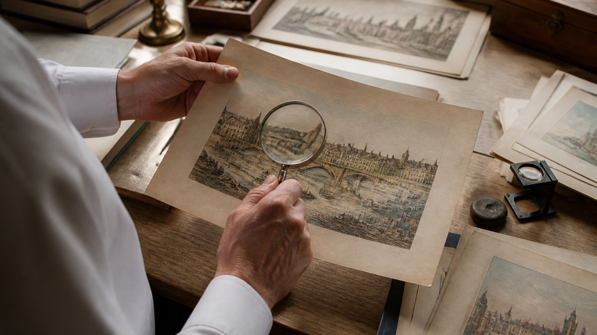 Collector's hands examining an antique hand-coloured lithograph under natural light, inspecting paper texture, signature details, and hand-colouring marks with magnifying glass