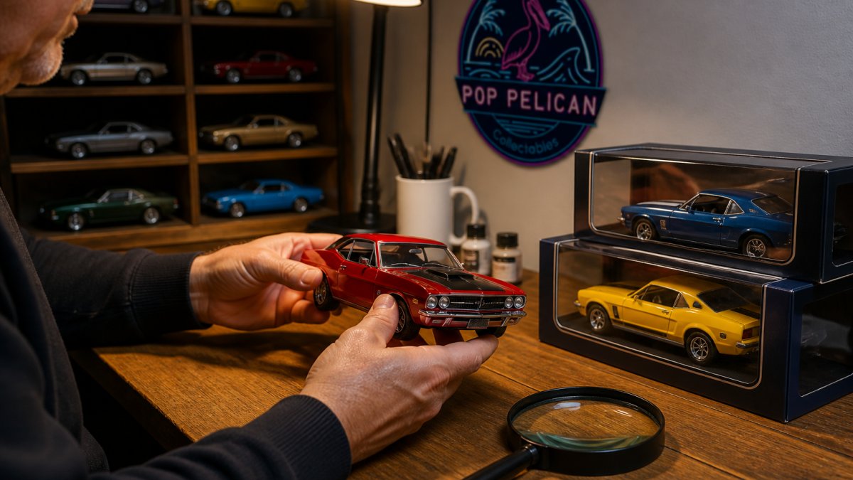 A collector's hands carefully examining a 1:24 scale diecast model car under a desk lamp, with several boxed models and a magnifying glass visible on a wooden workbench