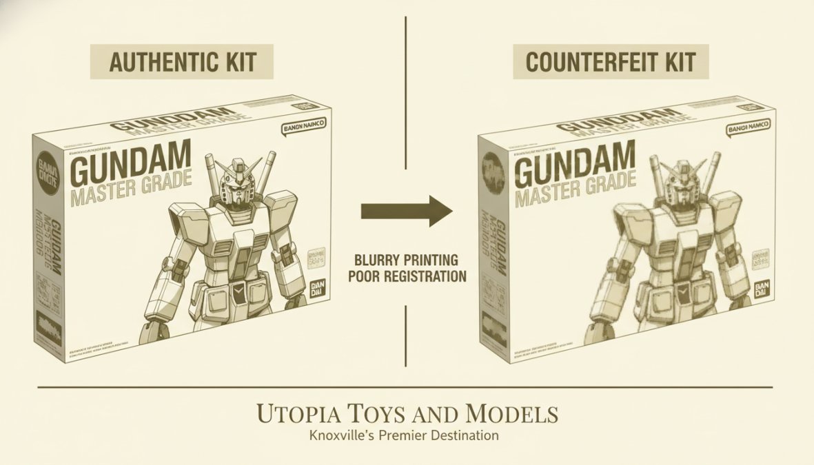 Close-up comparison of authentic Gundam kit box showing crisp Bandai logo printing and premium packaging versus counterfeit box with blurry text and poor color registration