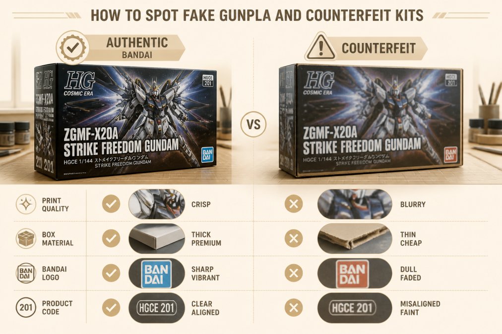 Close-up of authentic Bandai Gundam model kit box showing crisp printing and high-quality packaging next to a counterfeit version with blurry text and cheap cardboard, displayed on a work table with natural lighting