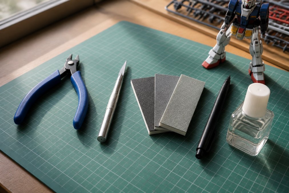 Flat-lay arrangement of essential Gunpla building tools including hobby nippers, hobby knife, fine-grit sanding sponges, panel lining pen, and glue bottle arranged on a clean work surface with natural window lighting