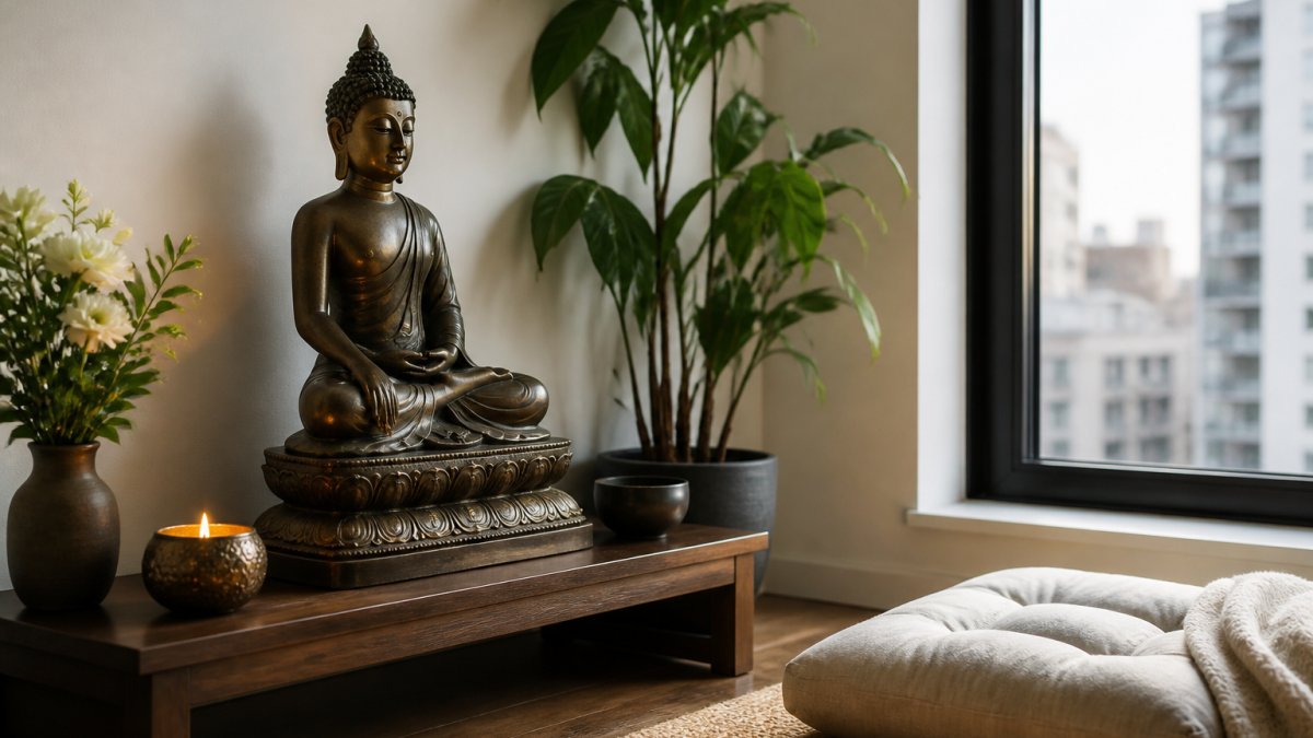 A serene home meditation corner in a bright apartment, with a bronze Buddha statue on a low wooden altar table, a small candle, and soft natural light from a nearby window