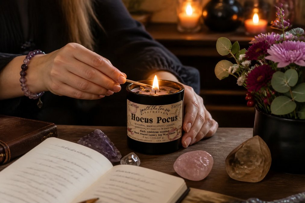Hands lighting an intention candle in a peaceful ritual space with a journal, crystals, and fresh flowers on a table, warm candlelight in background