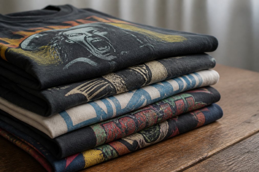 Close-up of a neatly folded stack of worn vintage band t-shirts with faded screen-printed graphics, displayed on a wooden surface with soft natural lighting