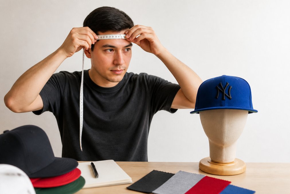 Person using a soft fabric measuring tape wrapped around their head at mid-forehead level to measure head circumference for hat sizing, against a clean white background with natural light