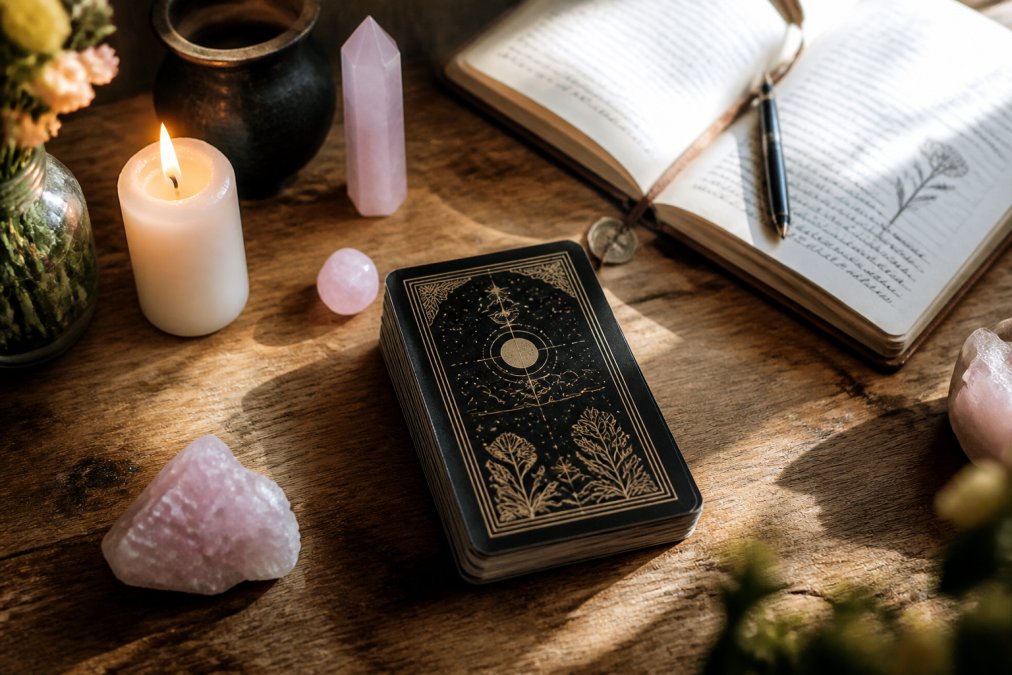 A spiritual workspace featuring an authentic indie tarot deck displayed on a natural wood surface, surrounded by rose quartz crystals, a burning intention candle, and handwritten tarot journal pages in soft natural light
