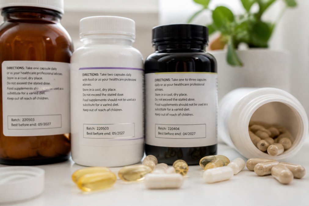Close-up of supplement bottles and capsules with batch number labels clearly visible on packaging, arranged on a clean white surface with natural lighting
