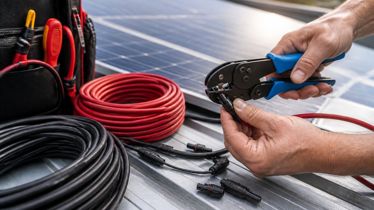 Close-up of a solar installer's hands crimping a connector onto a solar cable on a rooftop, with coiled cable reels and a tool bag visible nearby