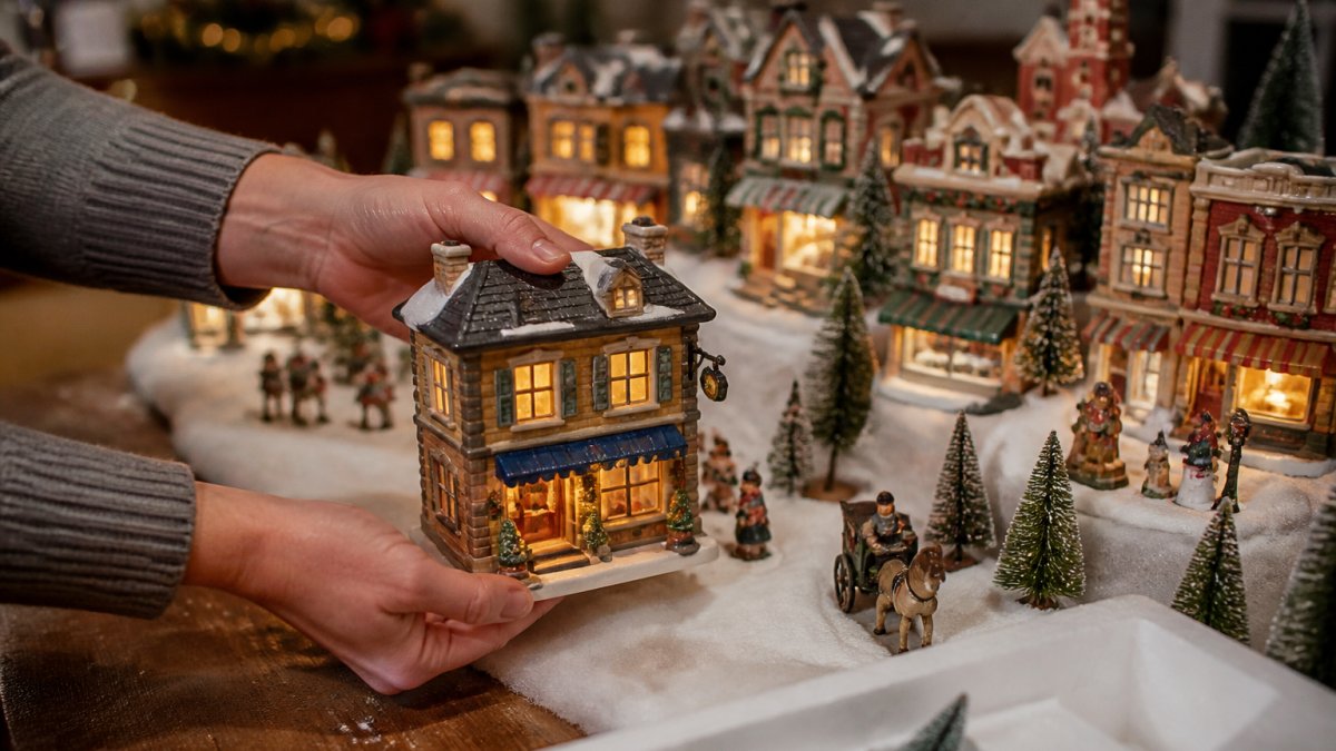 A collector's hands carefully placing a lighted porcelain village building onto a snowy display base, with other illuminated shops and miniature accessories visible in the background under warm evening light