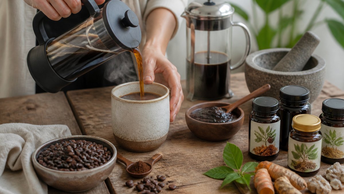 Hands pouring freshly brewed capomo coffee into a ceramic mug, with roasted capomo beans visible in a bowl nearby and steam rising from the cup