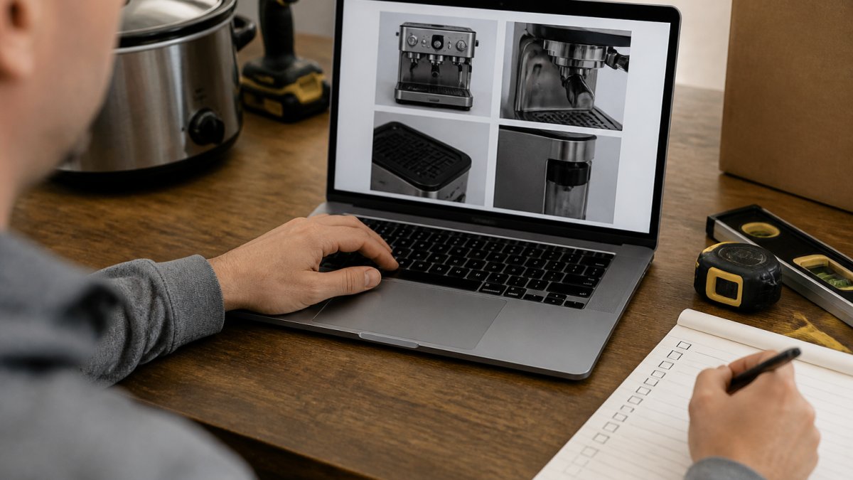 A person sitting at a desk with a laptop, examining a product listing page with close-up photos of an appliance on screen, a notepad with a checklist beside the keyboard