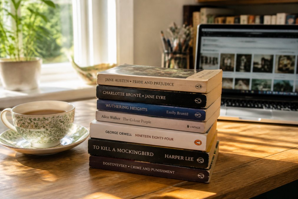 Una pila ordenada de novelas clásicas de bolsillo de segunda mano sobre un escritorio de madera, junto a una taza de té, con un portátil abierto al fondo que muestra una librería en línea, iluminada por la cálida luz de la tarde