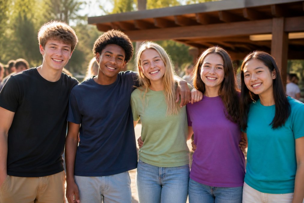 A diverse group of teenagers wearing Christian graphic tees in vibrant colors, smiling together outdoors in natural daylight, showcasing how the apparel looks on young people