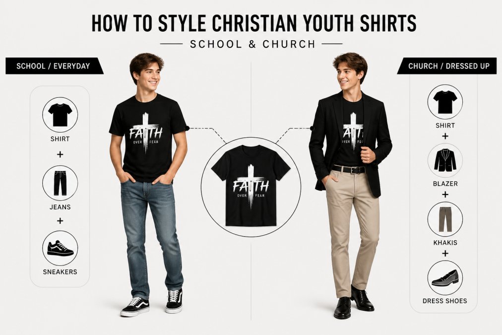 A teen wearing a Christian youth shirt styled casually with jeans and sneakers for everyday wear, and another outfit showing the same shirt dressed up for church with khakis and a blazer