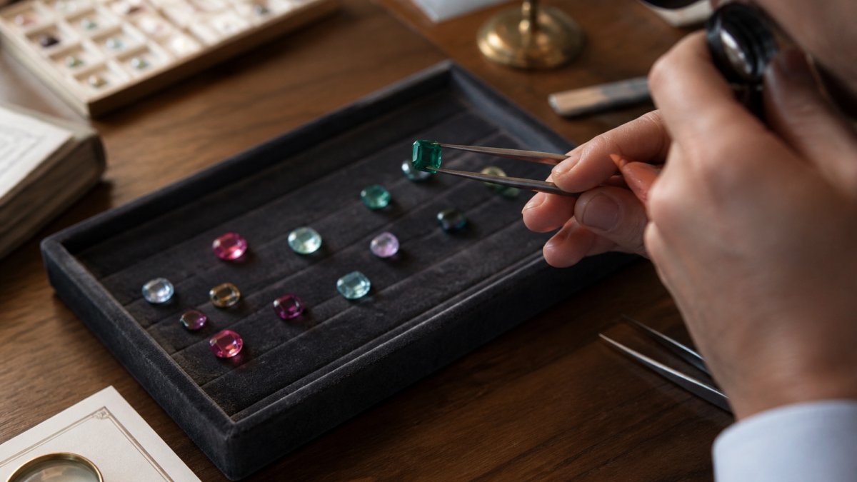 Jeweler holding a green tourmaline gemstone with tweezers over a workbench with certification papers