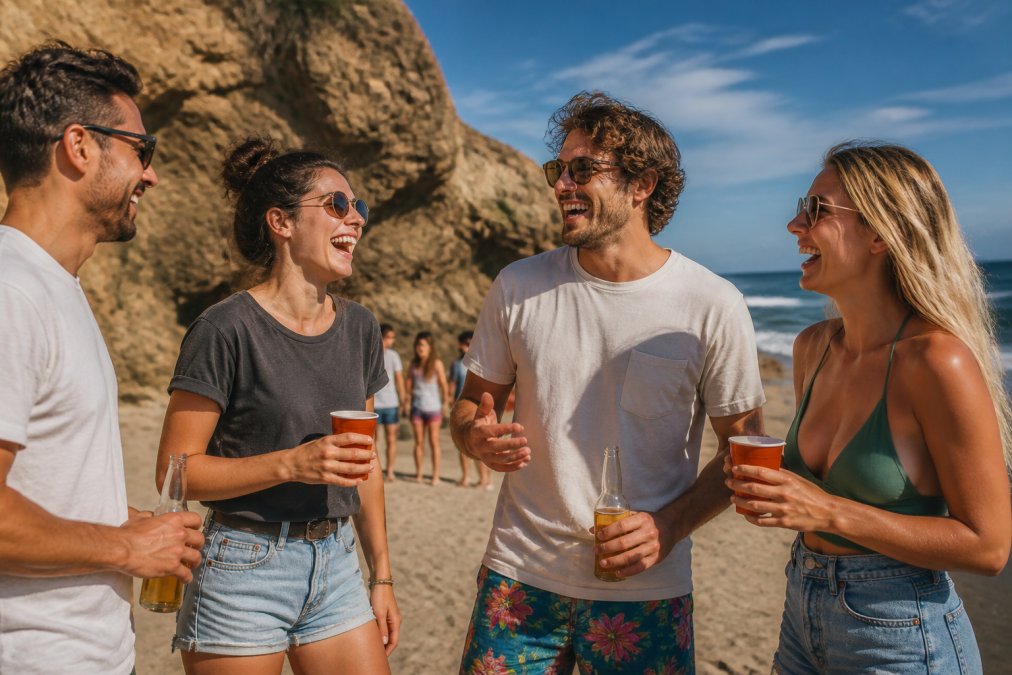 Group of young adults at a casual beach gathering wearing bold graphic tees with humorous slogans, laughing and interacting in natural sunlight, demonstrating how conversation-starting designs spark genuine social moments