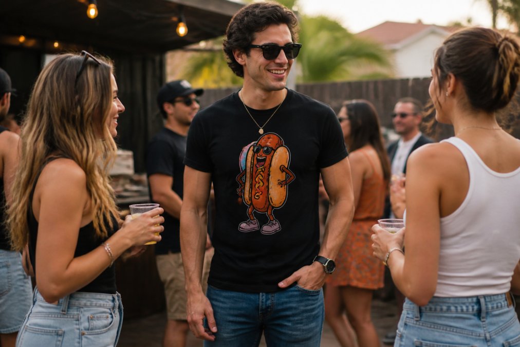 Young adult wearing a bold humorous graphic tee at an outdoor social gathering, paired with fitted jeans and casual sneakers, showing how proper fit and styling makes the design stand out in a real social setting