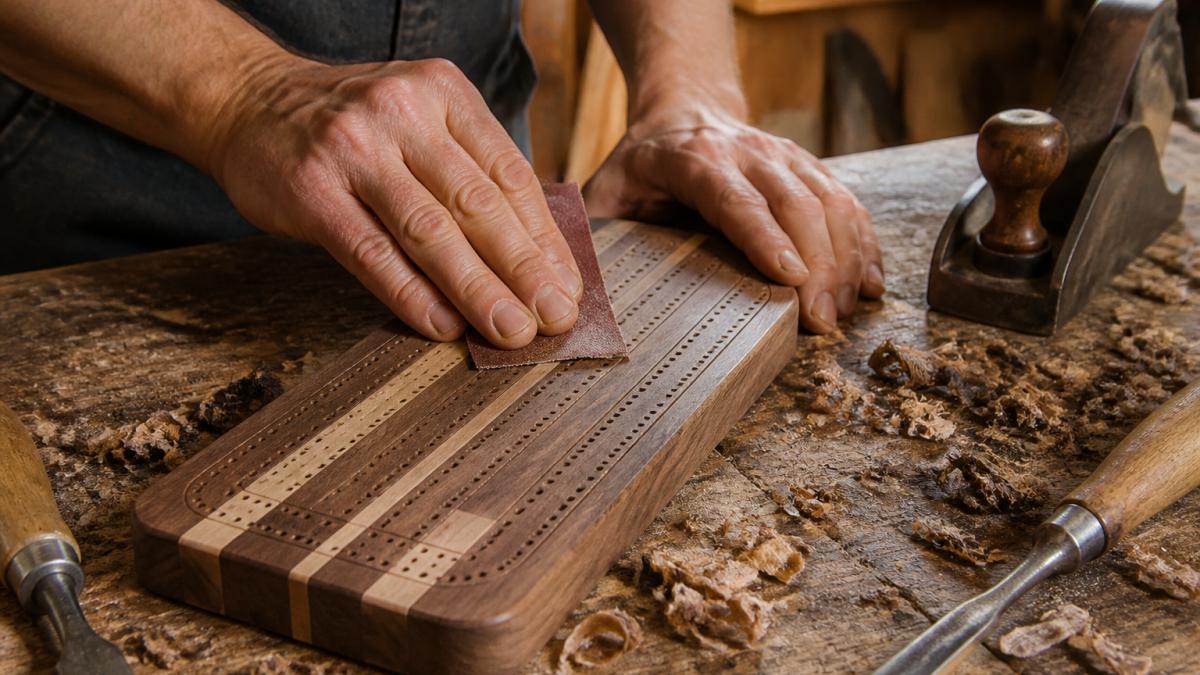 Close-up of a woodworker's hands sanding a handmade wooden cribbage board with visible inlay tracks on a workbench, wood shavings and hand tools nearby