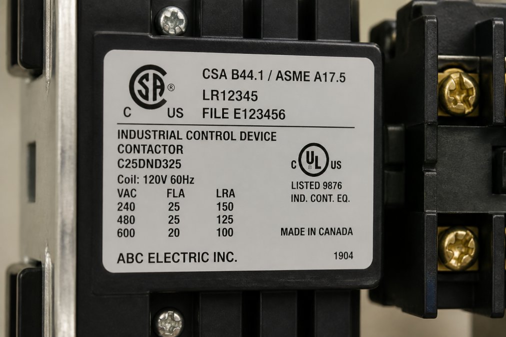 Close-up of an electrical component with a clearly visible CSA certification mark and label showing file number, voltage rating, and manufacturer details on the product surface