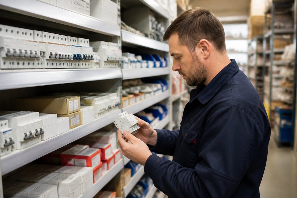 A professional electrician or contractor examining electrical supplies on organized shelves in a well-lit retail environment, carefully checking product labels and CSA marks on components