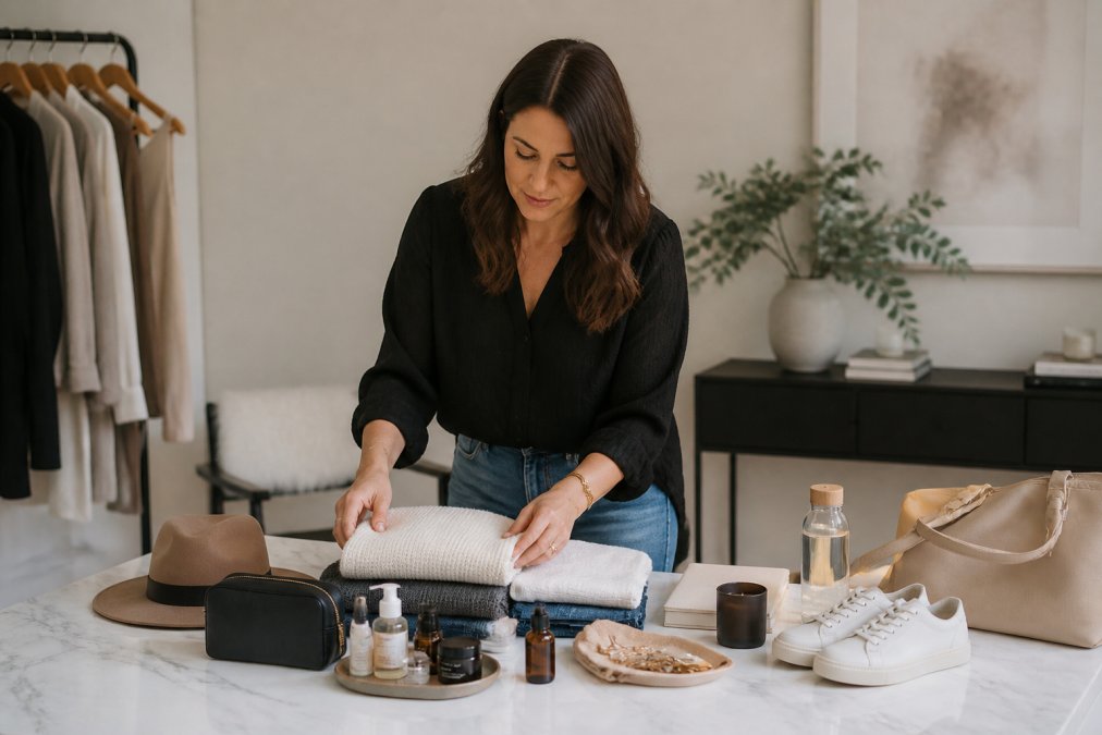 Step-by-step process for organizing curated lifestyle products and wardrobe staples on a clean surface
