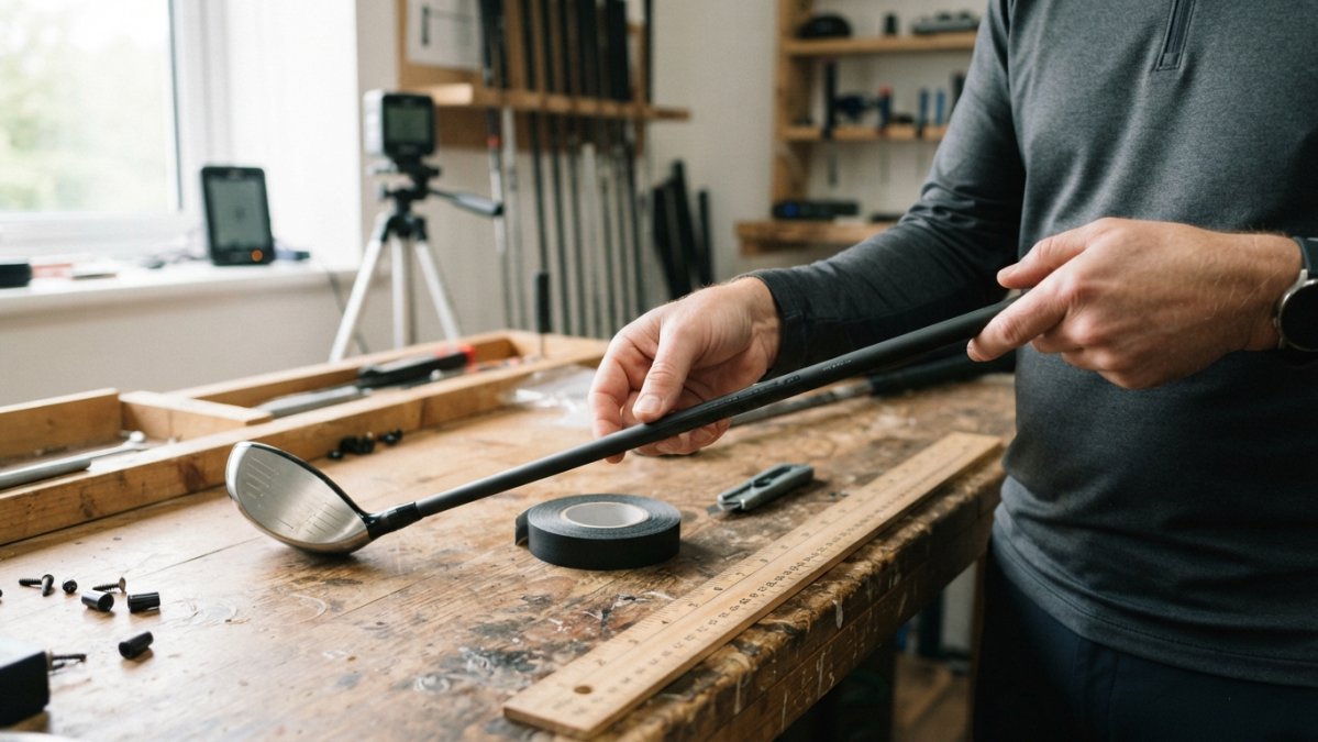 Golfer holding a graphite driver shaft on a workbench with club fitting tools in a studio
