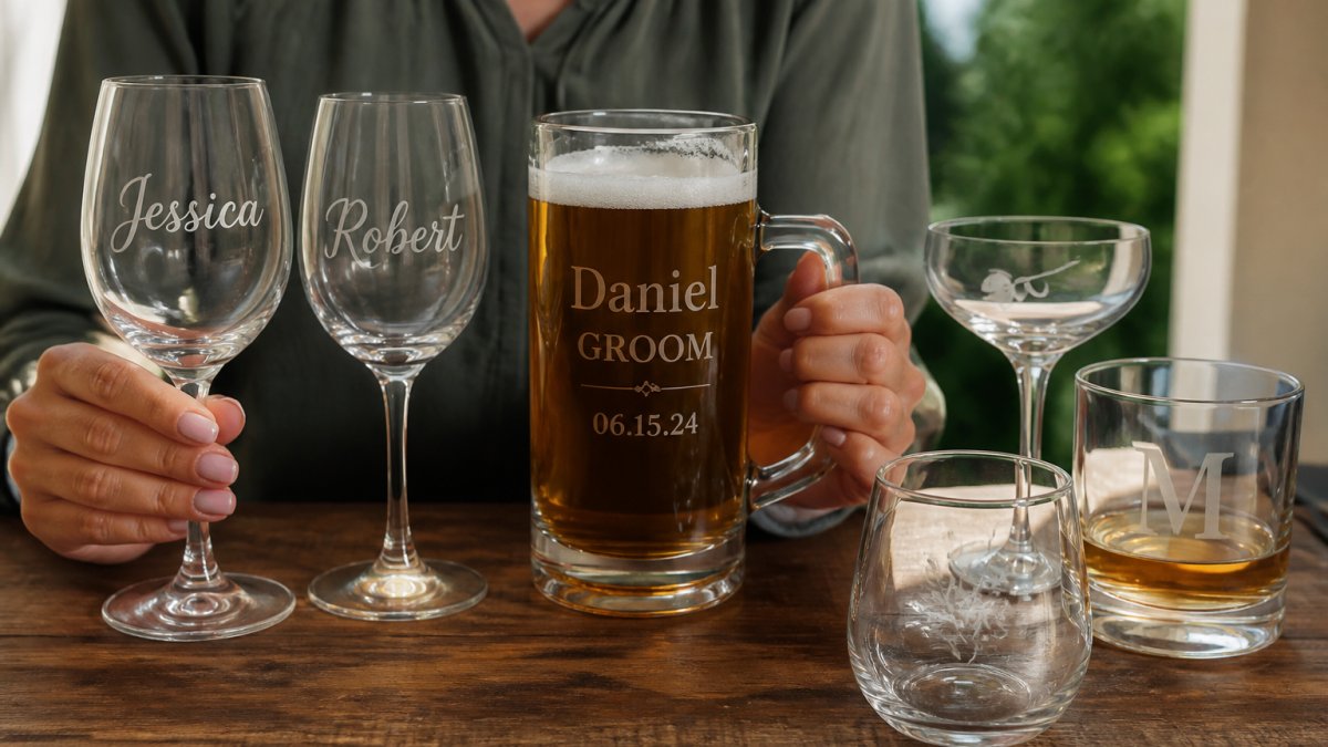 Close-up of hands displaying an array of personalized glassware including wine glasses with names engraved, beer steins with dates, cocktail glasses with custom designs, and tumblers with monograms, arranged on a wooden surface with natural lighting