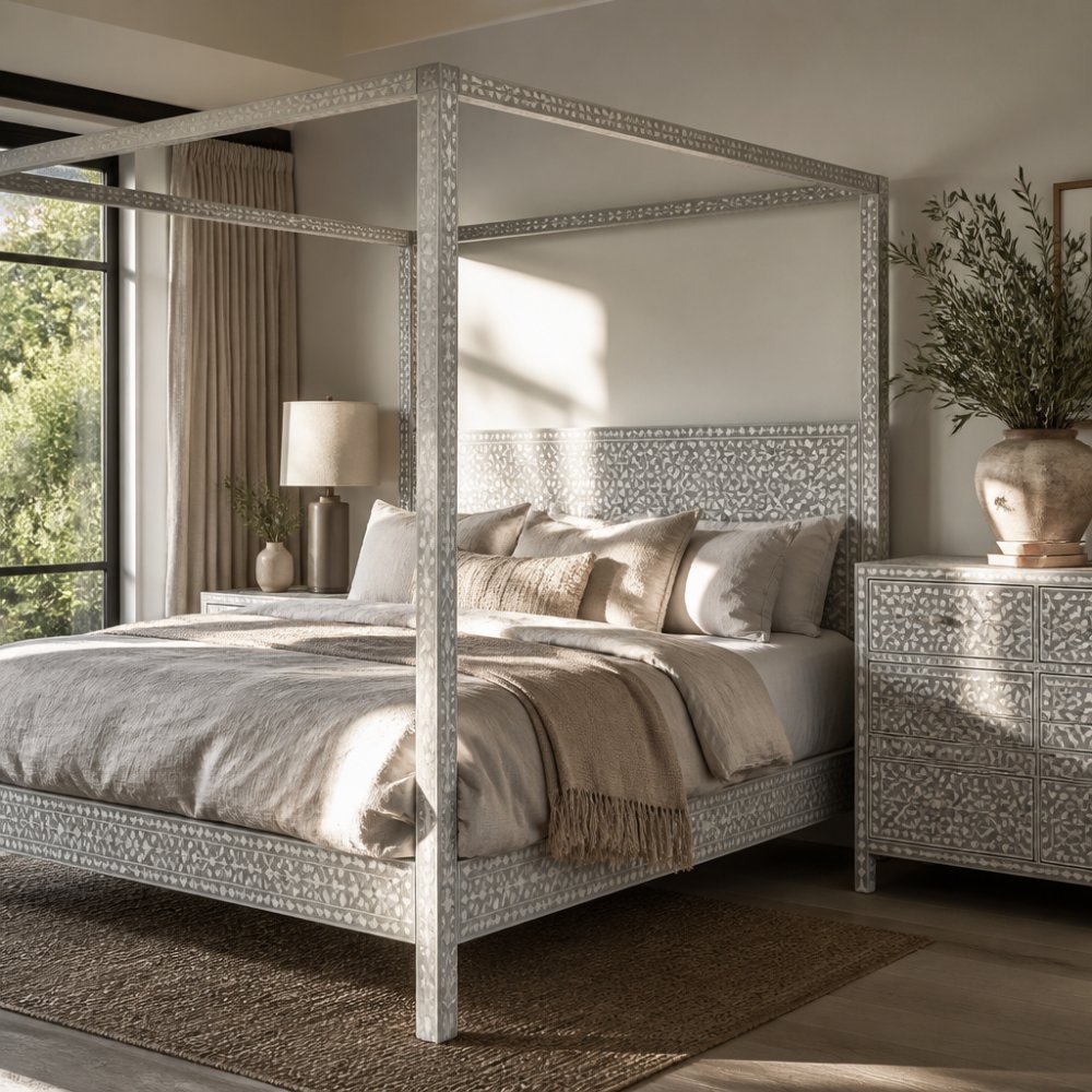 A luxurious bedroom with a handcrafted bone inlay four-poster bed featuring soft grey and white geometric patterns, dressed in natural linen bedding, with morning light casting delicate shadows across the intricate inlay detailing on the posts and frame