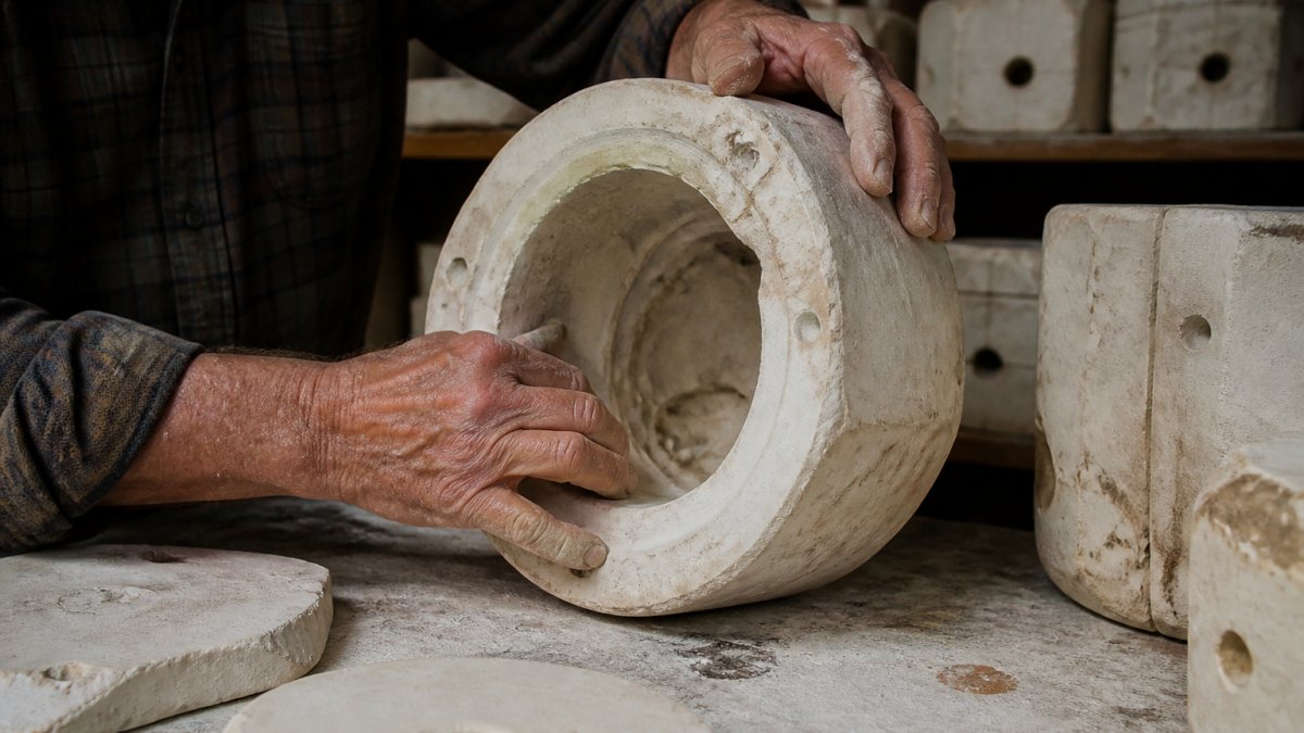 Close-up of a potter's hands inspecting the interior of a vintage plaster ceramic mold on a workbench, with soft natural light and clay dust visible on the surface