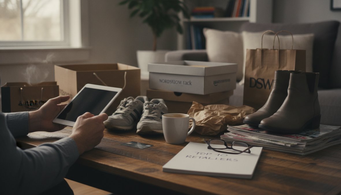 Person browsing shoes on a laptop at home, holding a pair of sneakers while looking at the screen, with a credit card visible on the desk