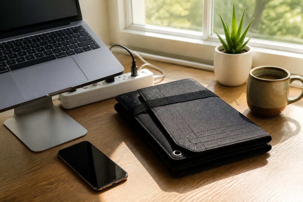 A clean flat lay of a home office desk setup featuring a Sleek Socket surge protector power strip tucked neatly behind a laptop stand, with a folded FlexSolar portable solar panel charger resting beside a smartphone and a coffee mug, shot in bright natural window light