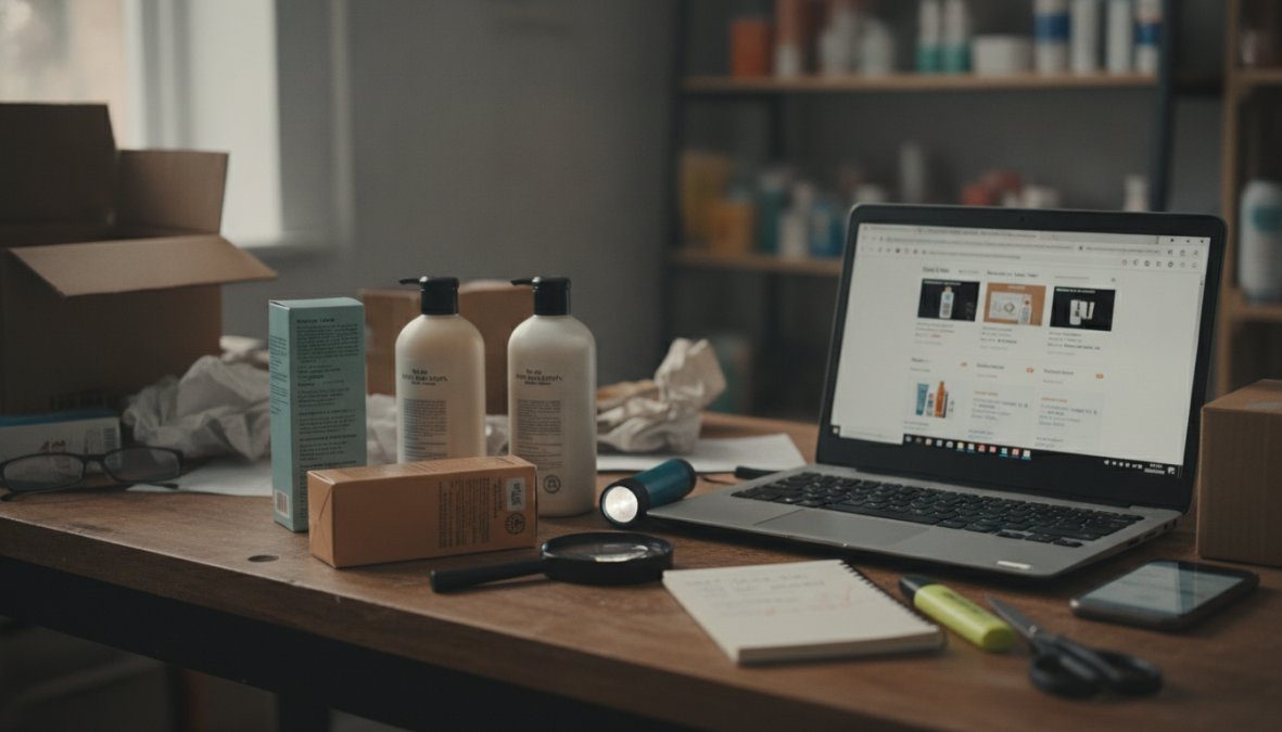 Close-up of hands examining personal care product packaging, carefully checking ingredient labels and expiration dates on a marble countertop with natural window lighting