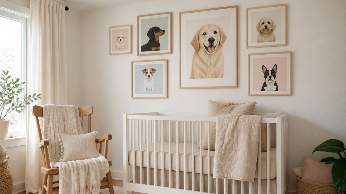 A bright nursery room with a gallery wall of framed dog and animal art prints in soft pastel tones, a white crib with neutral bedding nearby, and a wooden rocking chair in the corner