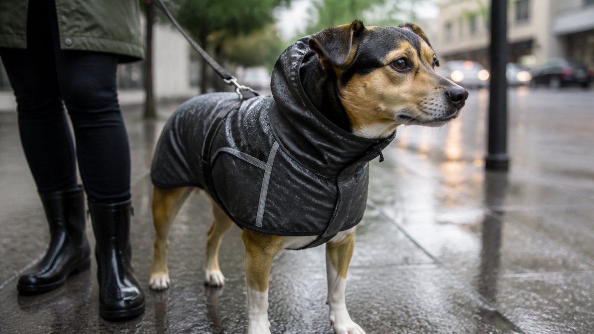 A medium-sized dog wearing a rugged, water-resistant jacket standing on a rainy city sidewalk next to its owner holding a leash, with the dog's coat visibly beading water
