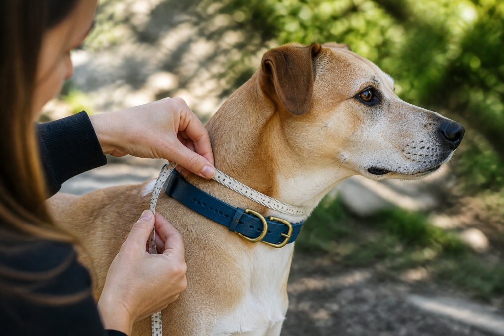 Close-up of hands measuring a medium-sized dog's neck with a soft fabric measuring tape, showing proper two-finger spacing between collar and neck for fit comfort, natural outdoor lighting