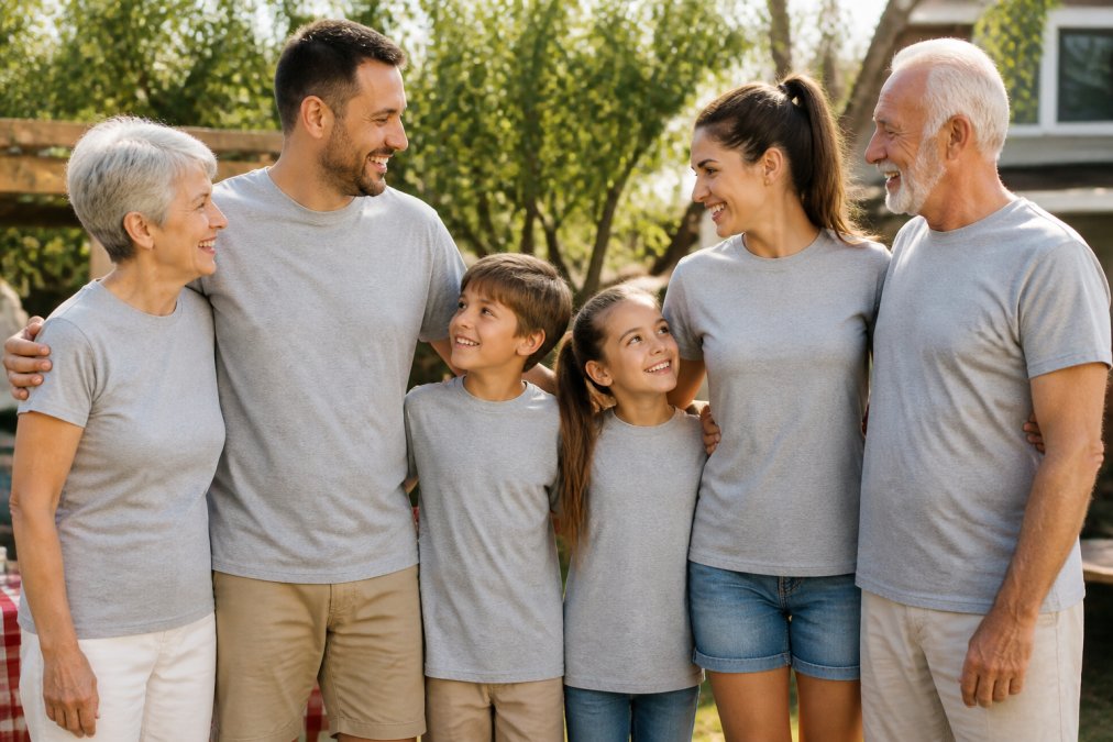 Multigenerational family wearing matching graphic t-shirts at a casual outdoor gathering, showing how the shirts fit comfortably across different ages and body types, with natural sunlight highlighting the fabric quality