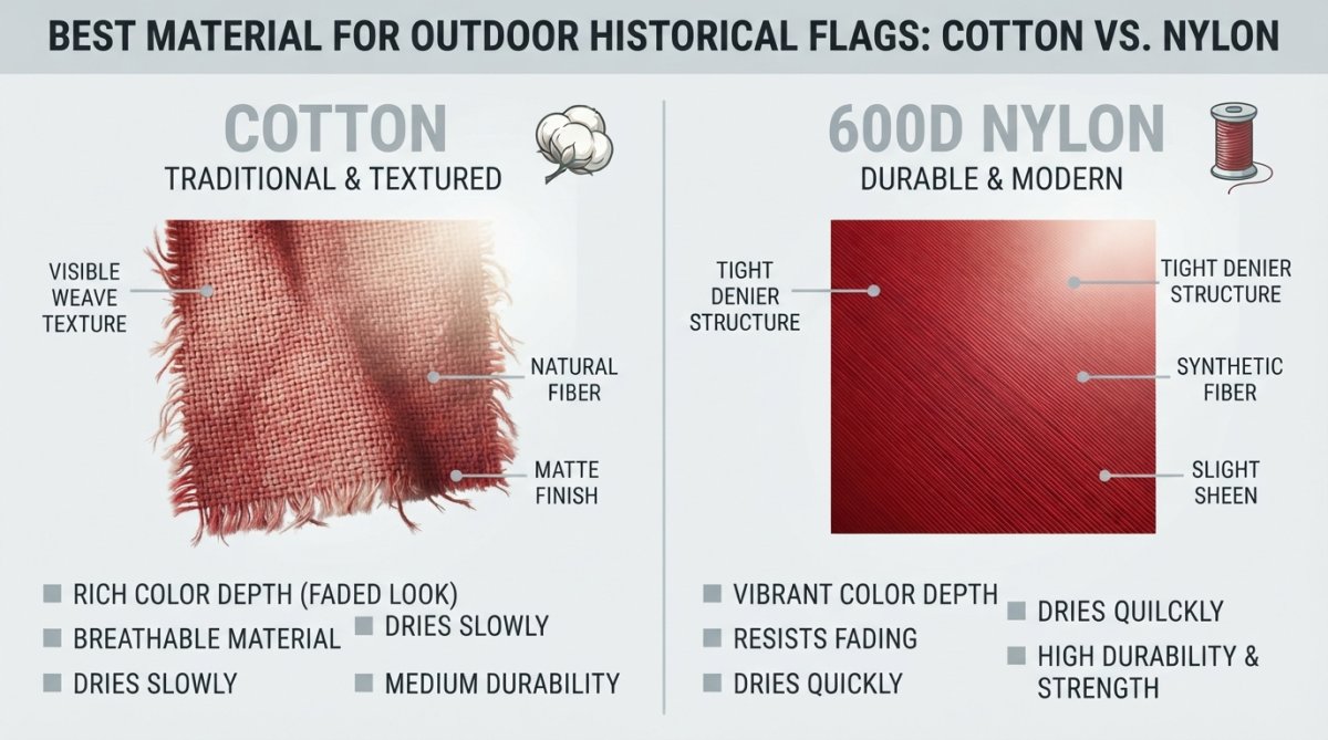 Close-up of two historical flag fabric samples side by side, one cotton with visible weave texture and one 600D nylon with tighter denier structure, held up to natural daylight showing color depth and fiber differences