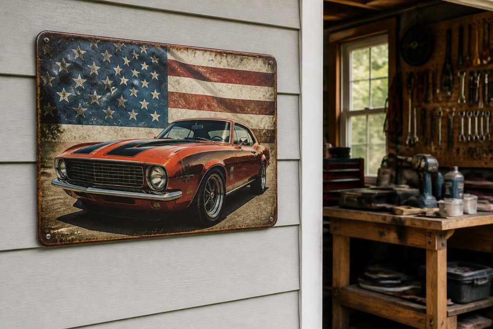 A vintage-style aluminum sign mounted on a garage wall with tools and a workbench visible in the background, natural lighting showing the sign's smooth printed finish